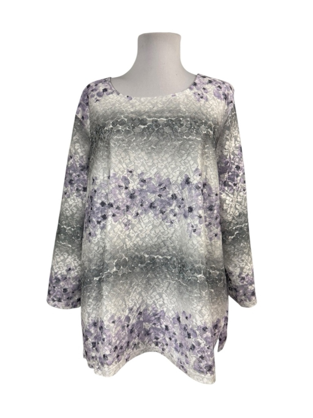 Alfred Dunner NEW 2X Pullover Top Blouse Lace Floral Purple Gray 3/4 Sleeves